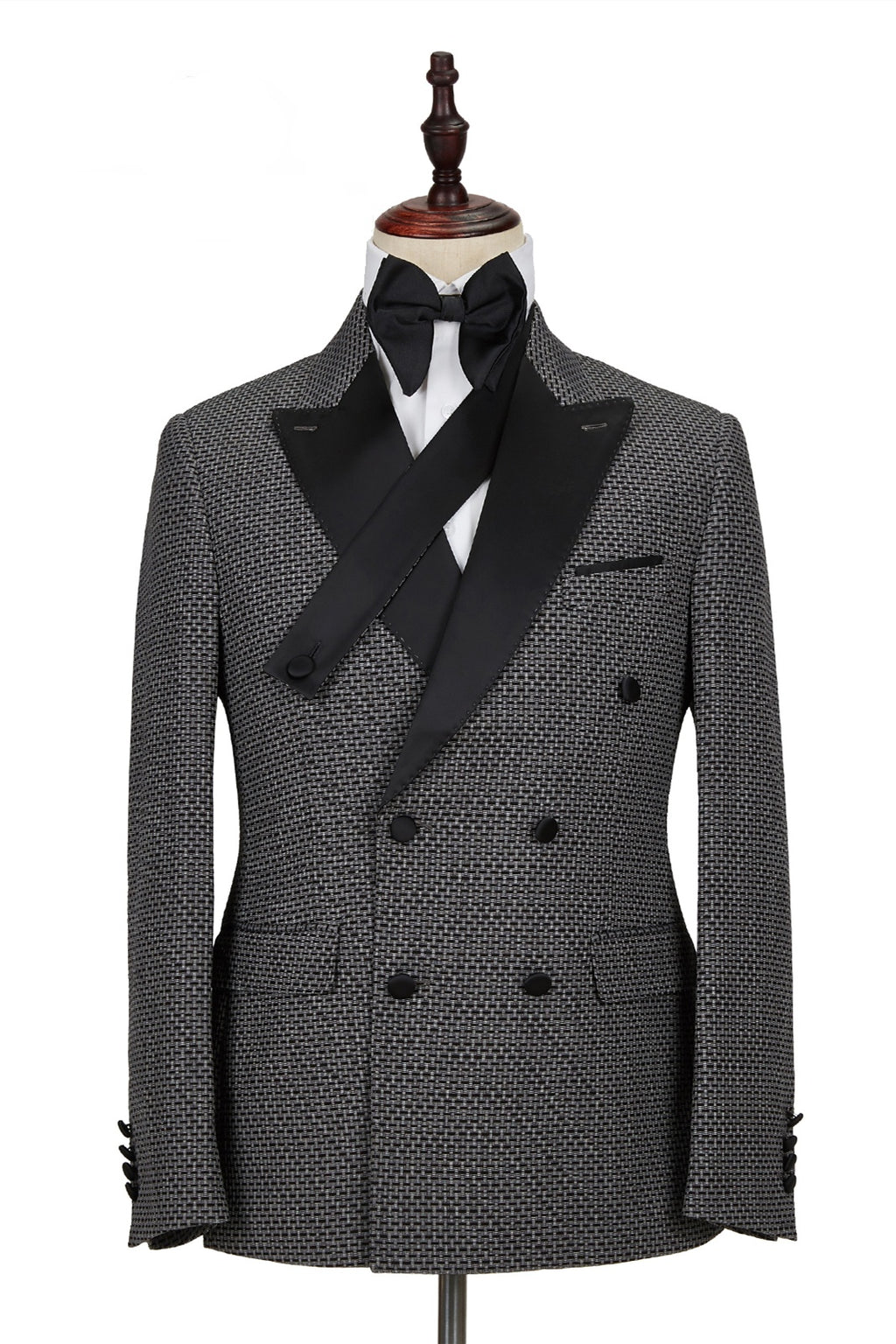 Modern Dark Gray Jacquard Cruciform Satin Peak Lapel Double Breasted Prom Suits