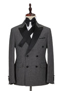 Modern Dark Gray Jacquard Cruciform Satin Peak Lapel Double Breasted Prom Suits