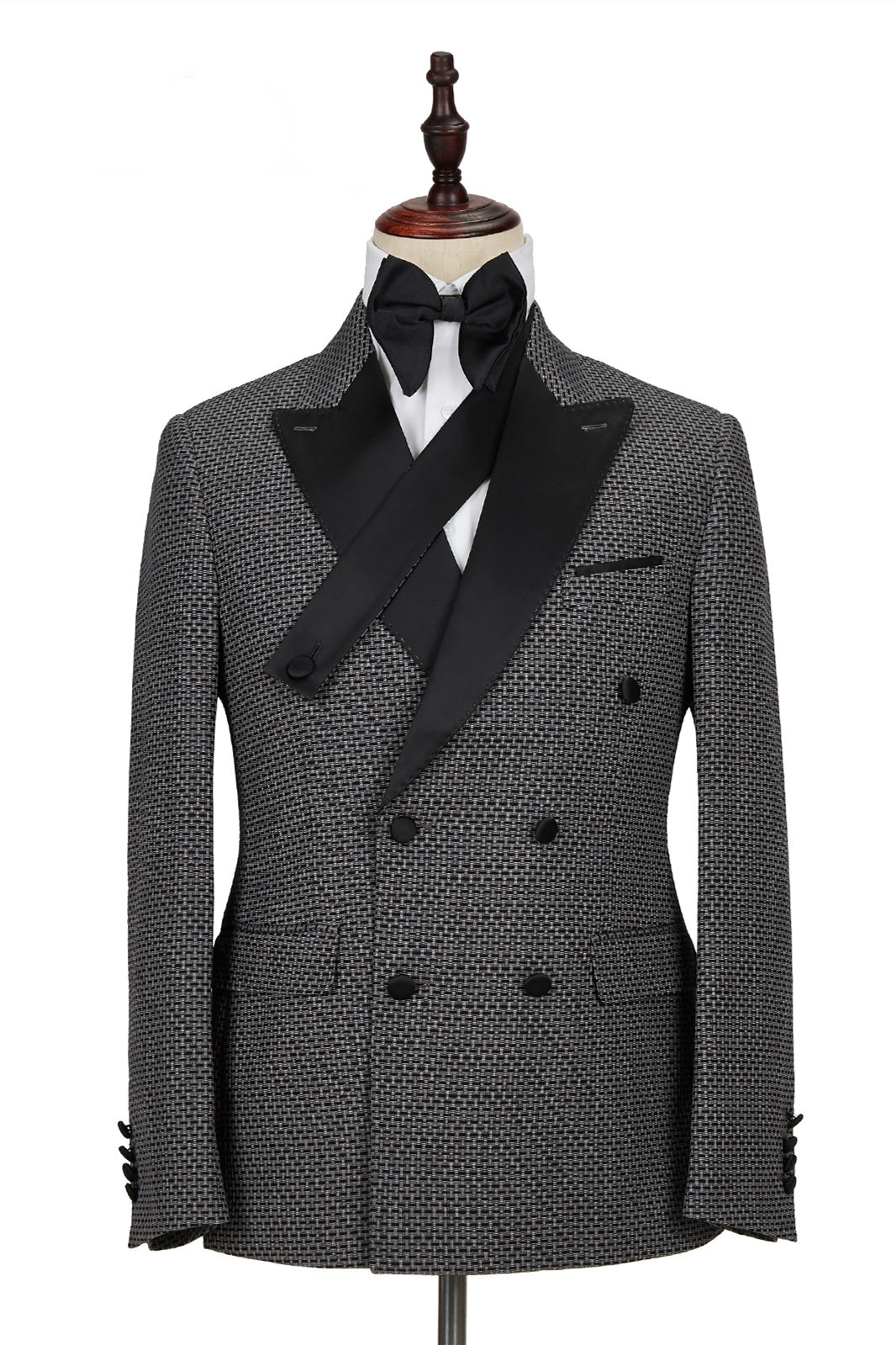 Modern Dark Gray Jacquard Cruciform Satin Peak Lapel Double Breasted Prom Suits