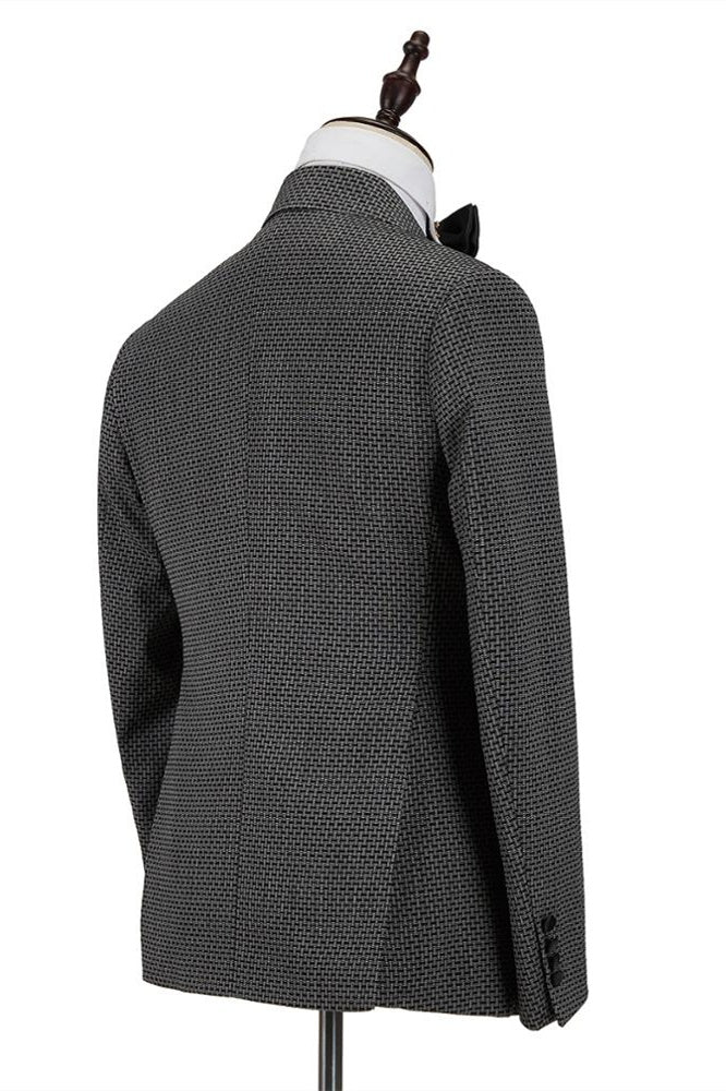 Modern Dark Gray Jacquard Cruciform Satin Peak Lapel Double Breasted Prom Suits