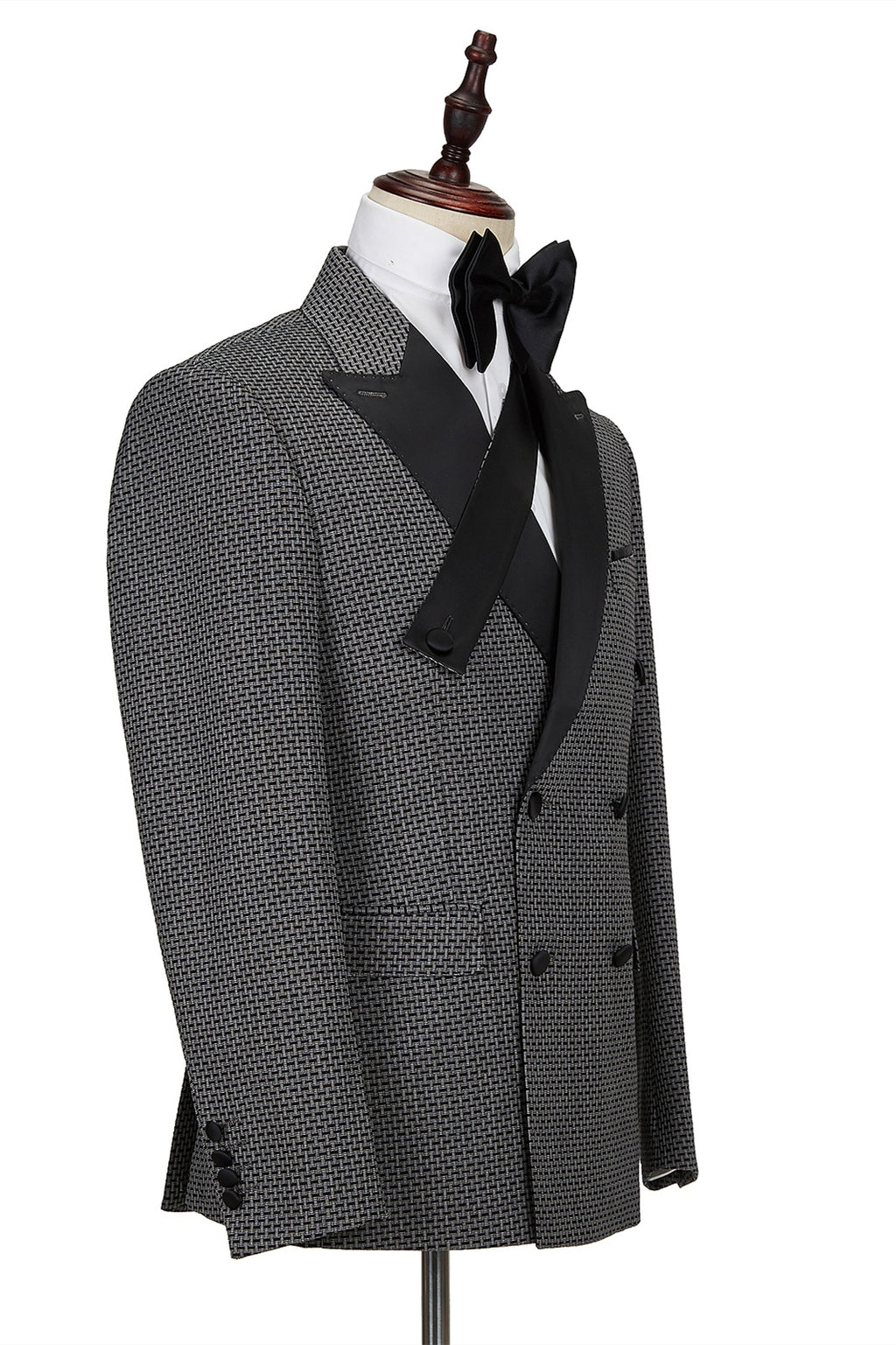 Modern Dark Gray Jacquard Cruciform Satin Peak Lapel Double Breasted Prom Suits