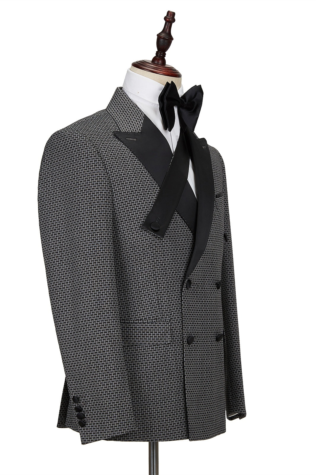 Modern Dark Gray Jacquard Cruciform Satin Peak Lapel Double Breasted Prom Suits
