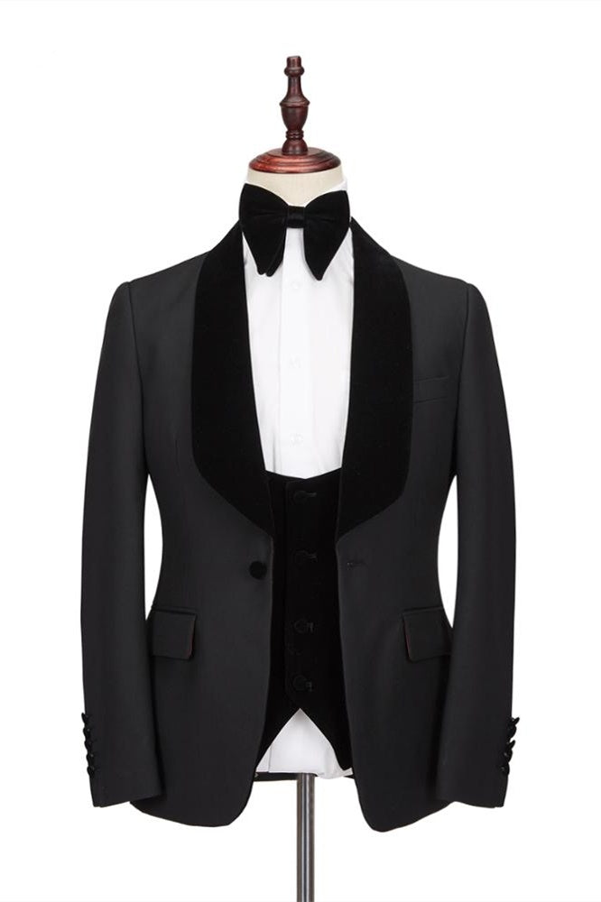 Classic Black 3 Pieces Slim Fit Wedding Suits With Velvet Lapel