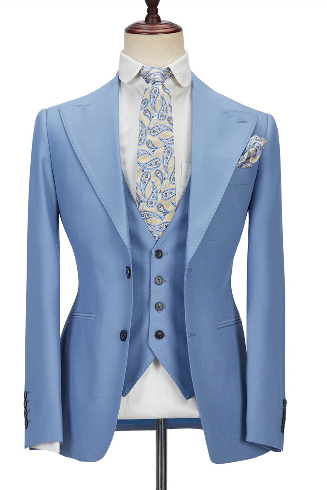 Trendy Sky Blue Three Pieces Best Fitted Prom Suits With Vest