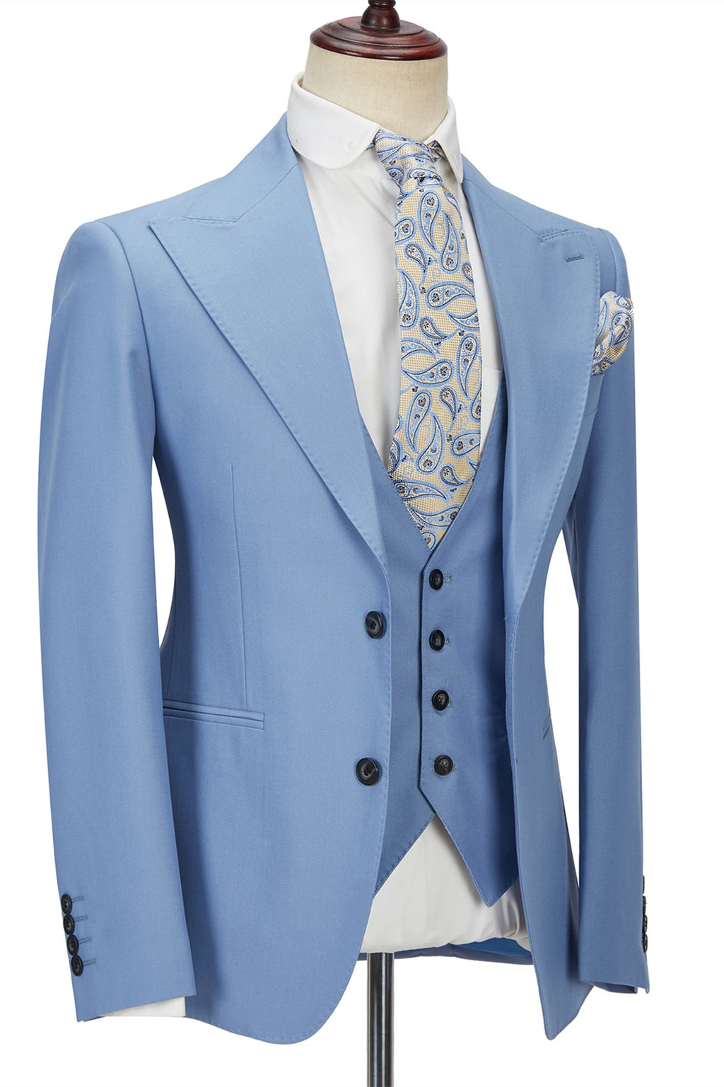 Trendy Sky Blue Three Pieces Best Fitted Prom Suits With Vest