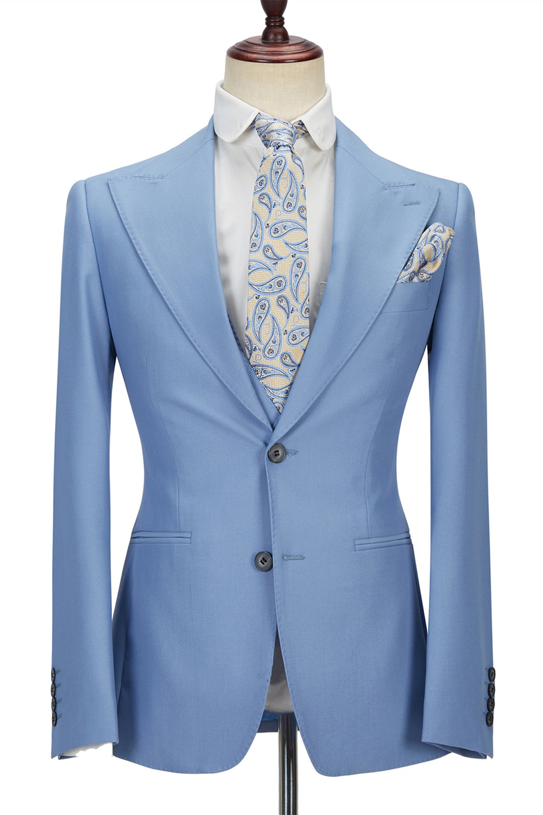 Trendy Sky Blue Three Pieces Best Fitted Prom Suits With Vest