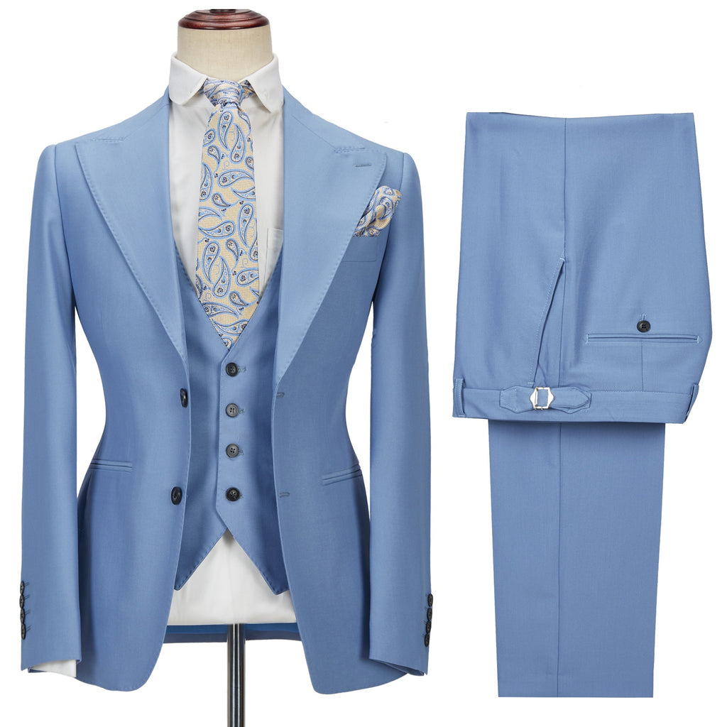Trendy Sky Blue Three Pieces Best Fitted Prom Suits With Vest