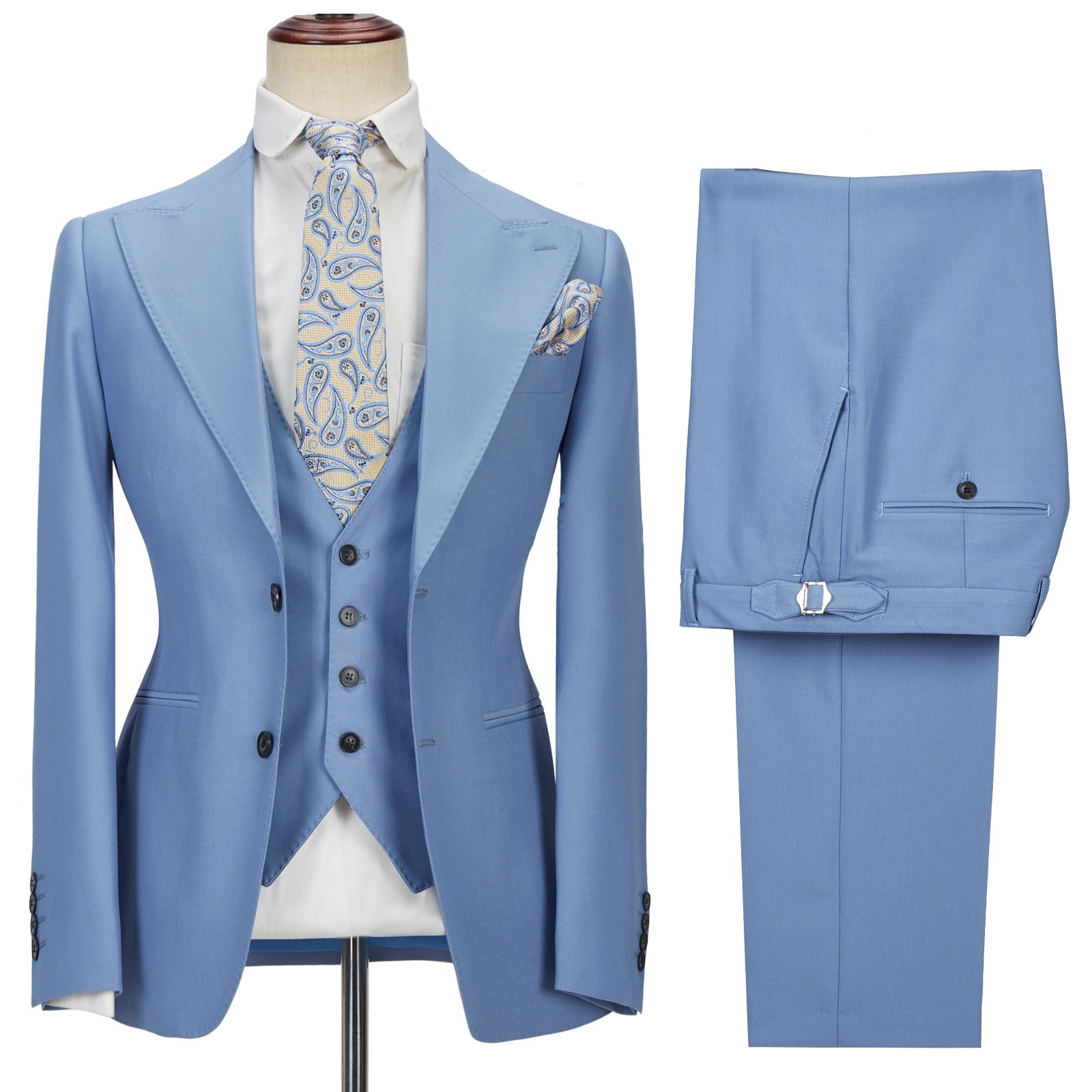 Trendy Sky Blue Three Pieces Best Fitted Prom Suits With Vest