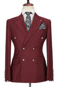 Generous Burgundy Double Breasted Peaked Lapel Prom Suits