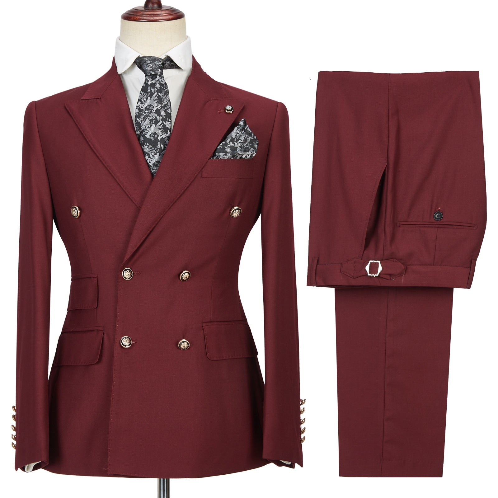 Generous Burgundy Double Breasted Peaked Lapel Prom Suits