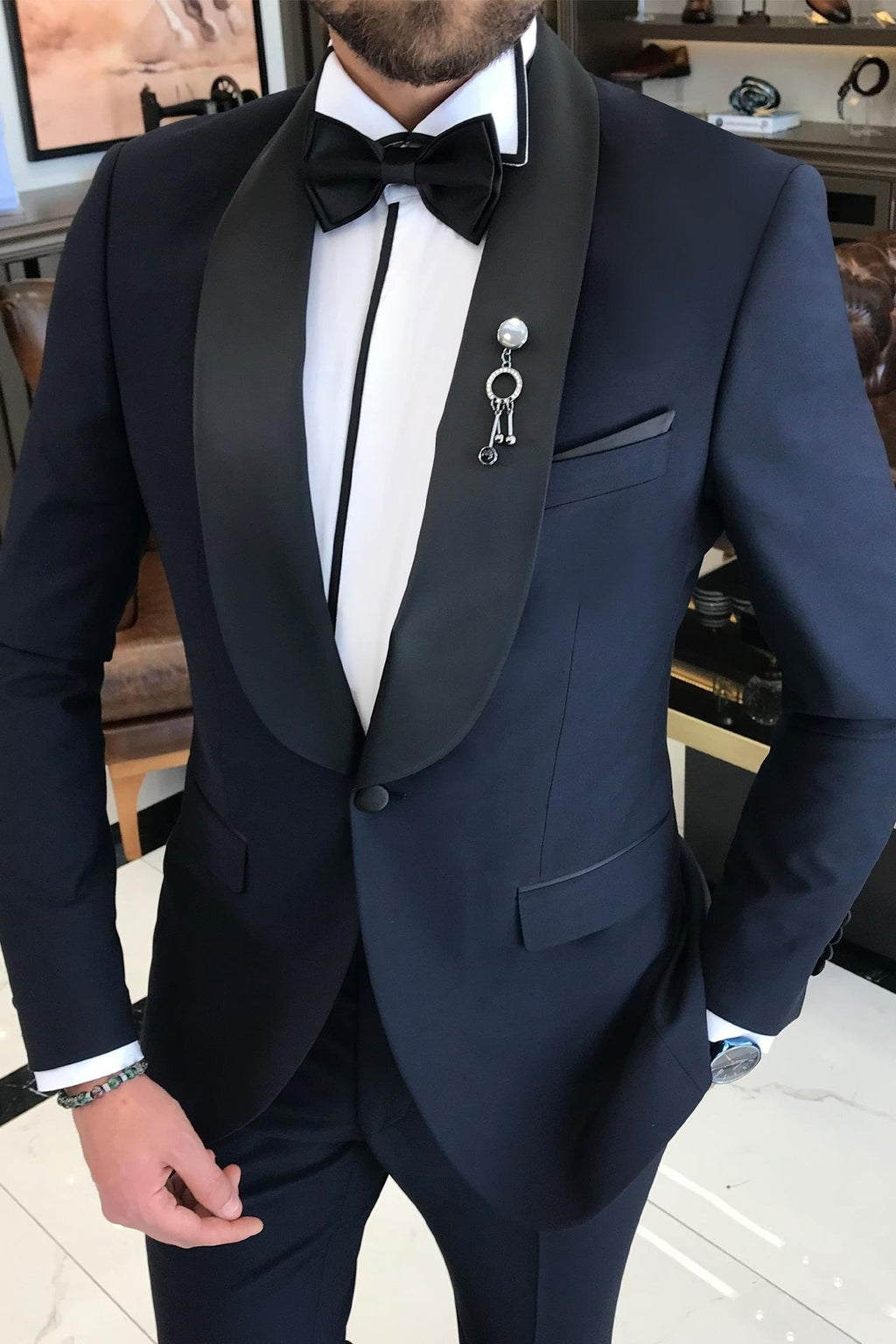 Chic Navy Blue Shawl Lapel Wedding Men Suits