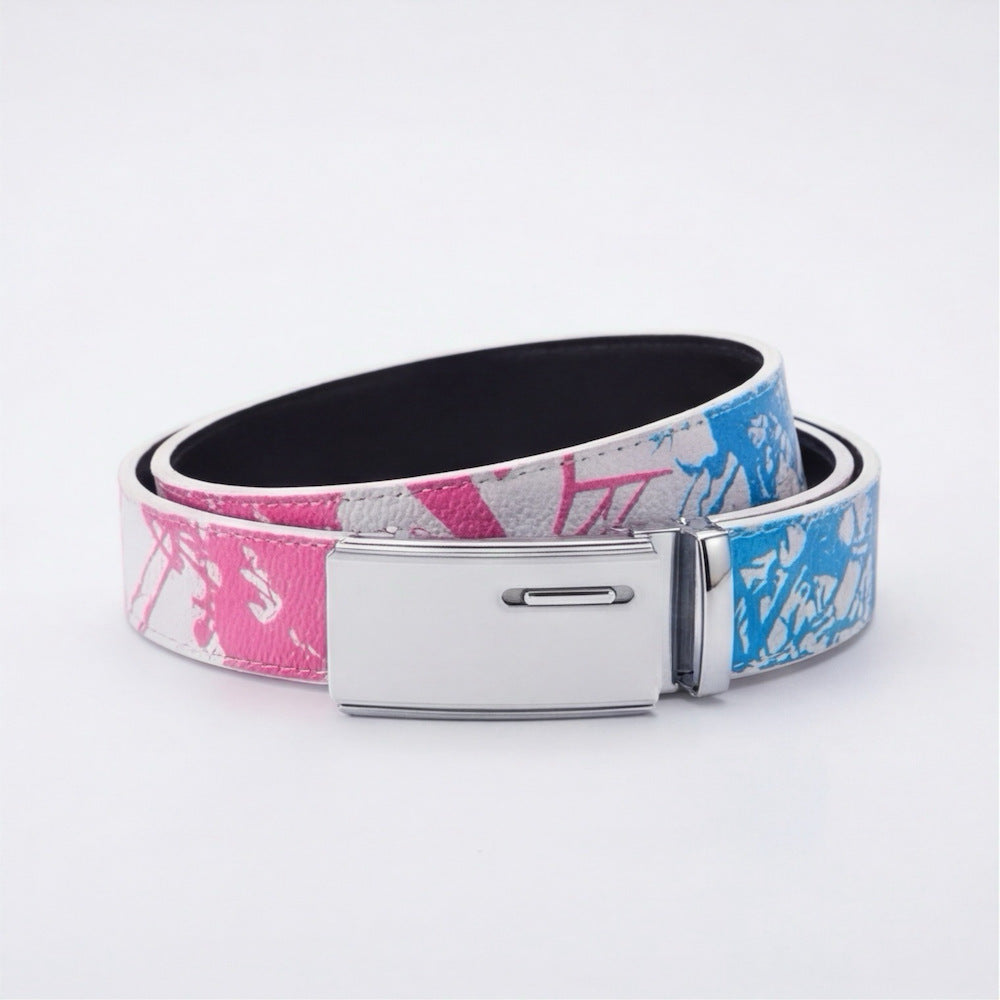 Fashion Graffiti Print Men's White Automatic Buckle Belt