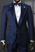 Handsome Navy Blue 3 Pieces Jacquard Prom Men Suits With Vest