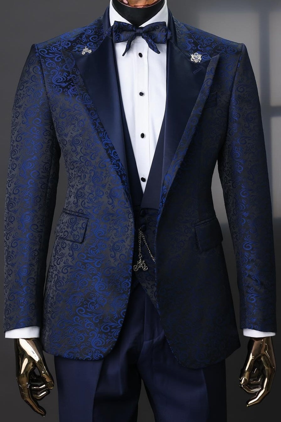 Handsome Navy Blue 3 Pieces Jacquard Prom Men Suits With Vest