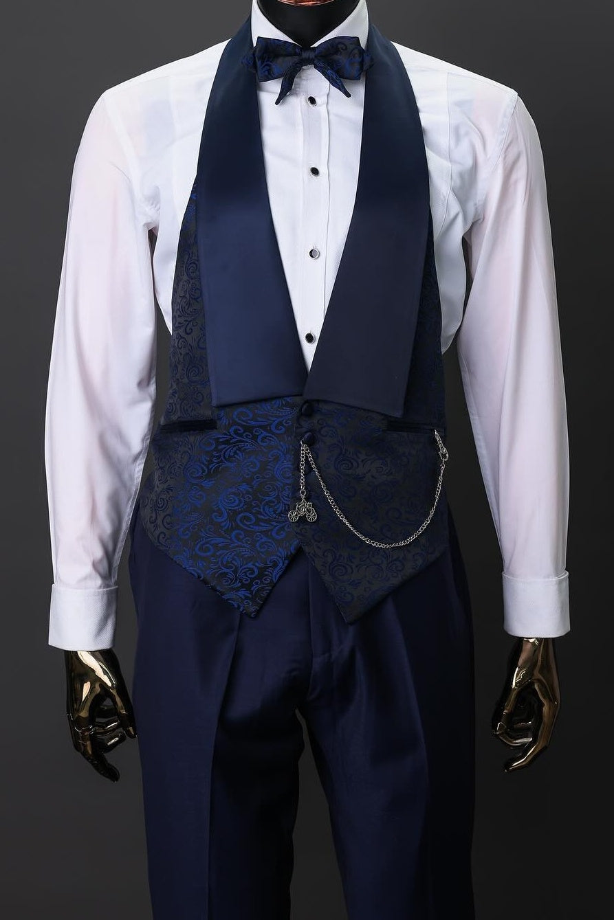Handsome Navy Blue 3 Pieces Jacquard Prom Men Suits With Vest