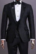 Trendy Black 3 Pieces Notched Lapel Jacquard Prom Suits