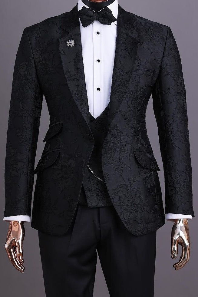Trendy Black 3 Pieces Notched Lapel Jacquard Prom Suits