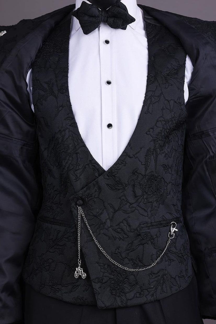 Trendy Black 3 Pieces Notched Lapel Jacquard Prom Suits
