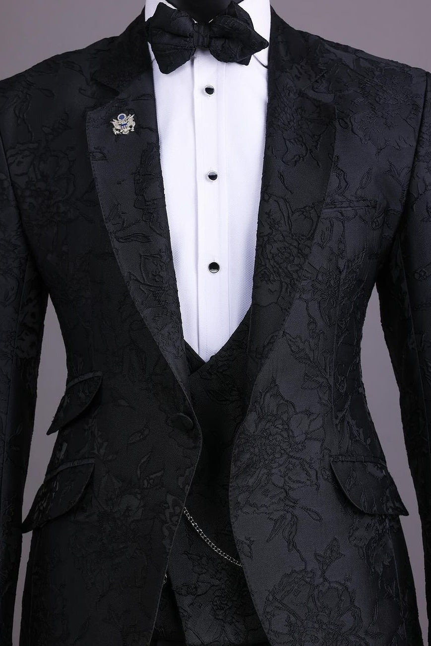 Trendy Black 3 Pieces Notched Lapel Jacquard Prom Suits