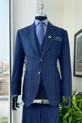 Formal Dark Blue 3 Pieces Notched Lapel Pinstriped Business Suits