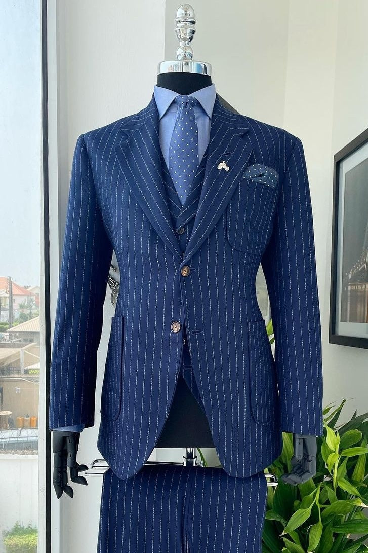 Formal Dark Blue 3 Pieces Notched Lapel Pinstriped Business Suits