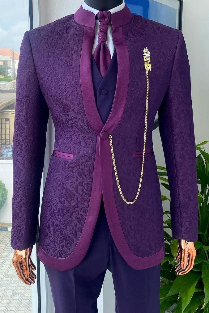 Charming Stand Collar Purple 3 Piece Jacquard Prom Outfits