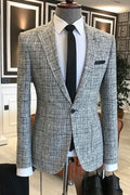 Formal Gray Plaid Peaked Lapel Men's Business Suit