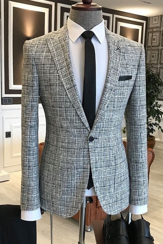 Formal Gray Plaid Peaked Lapel Men's Business Suit