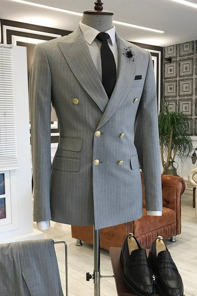 Chic Gray Pinstripe Double Breasted Business Suit For Men