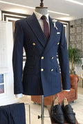 Fancy Navy Blue Pinstripe Peaked Lapel Double Breasted Business Suit