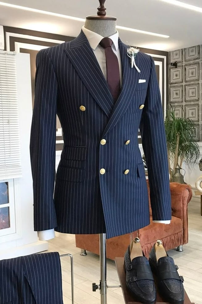 Fancy Navy Blue Pinstripe Peaked Lapel Double Breasted Business Suit
