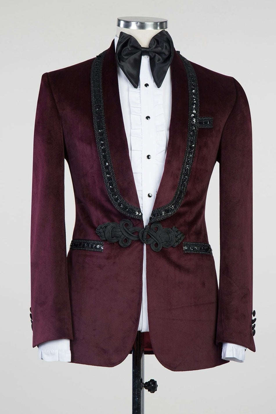 New In Burgundy Velvet Knitted Button Black Chains Prom Suit