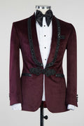New In Burgundy Velvet Knitted Button Black Chains Prom Suit