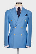 Fashion Sky Blue Double Breasted Slim Fit Prom Men Suits