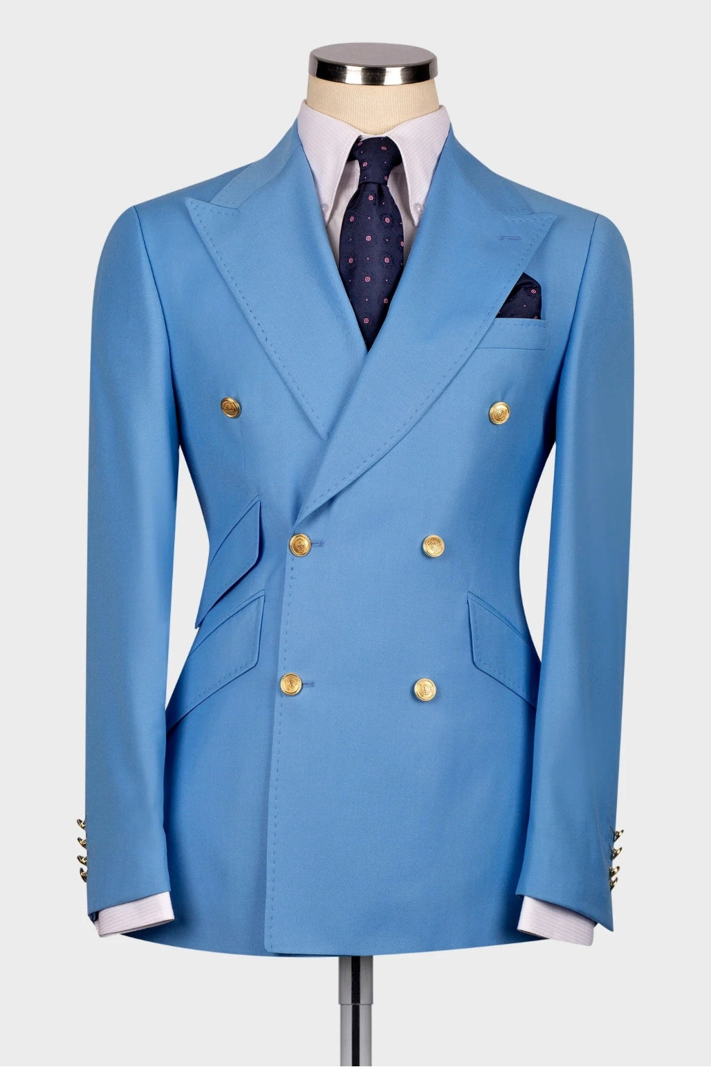 Fashion Sky Blue Double Breasted Slim Fit Prom Men Suits
