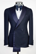 Bespoke Dark Blue Two Layer Lapel Double Breasted Men’s Prom Suit