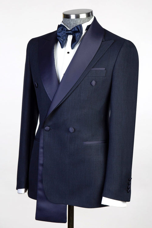 Bespoke Dark Blue Two Layer Lapel Double Breasted Men’s Prom Suit