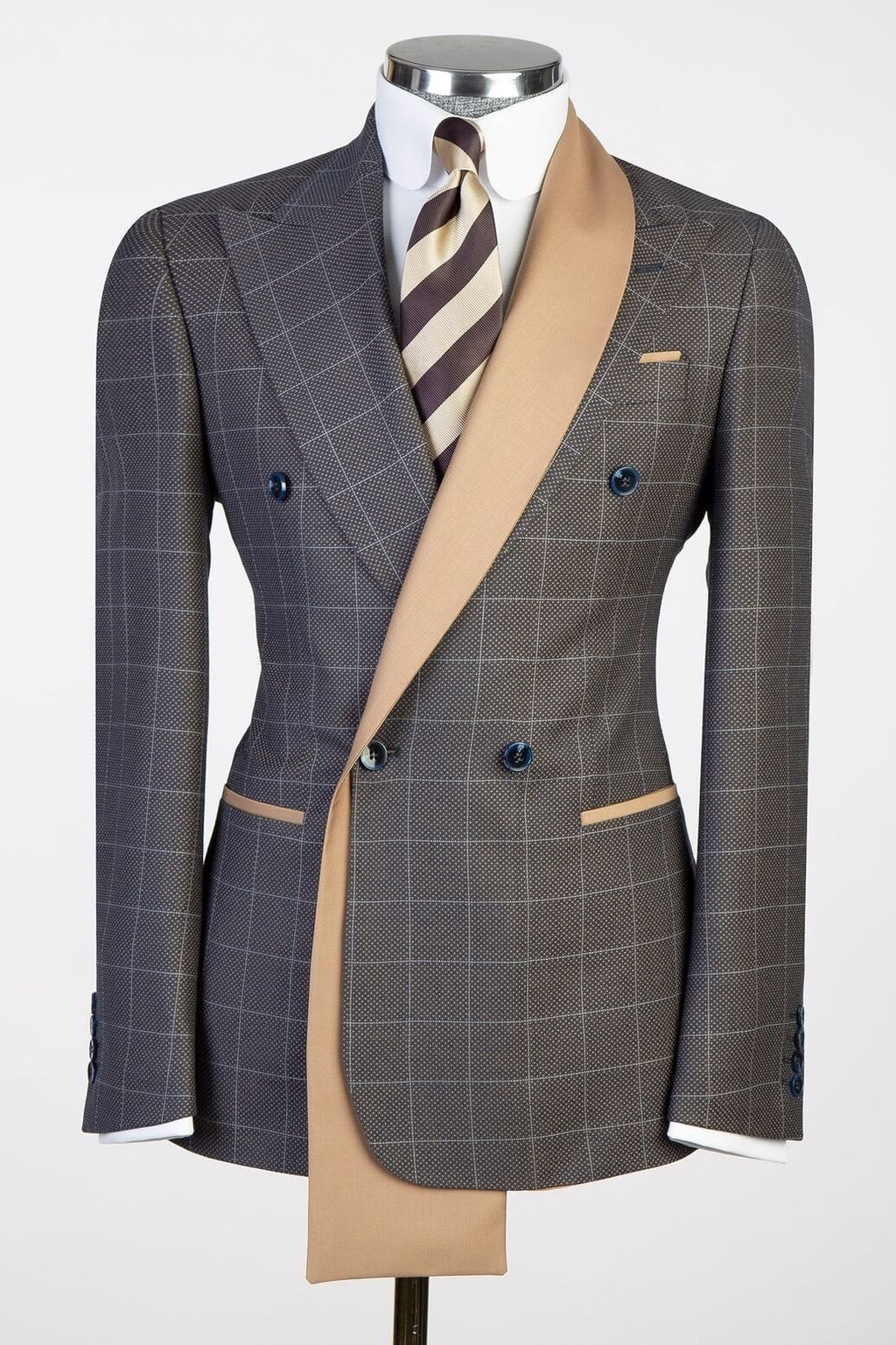Fancy Dark Gray Plaid Double Breasted Business Suits With Satin Lapel