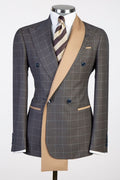 Fancy Dark Gray Plaid Double Breasted Business Suits With Satin Lapel