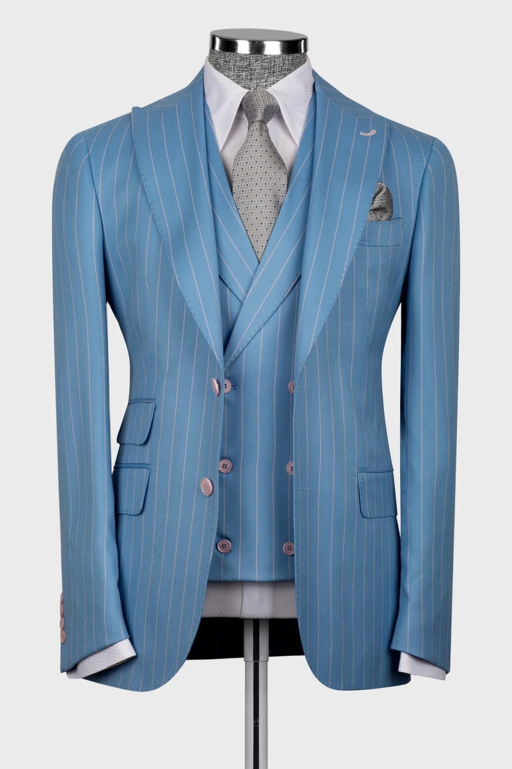 Stylish Sky Blue 3 Pieces Pinstriped Best Fitted Prom Suits
