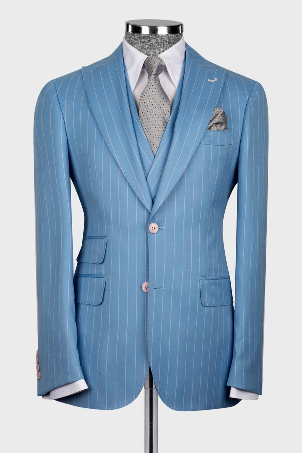 Stylish Sky Blue 3 Pieces Pinstriped Best Fitted Prom Suits