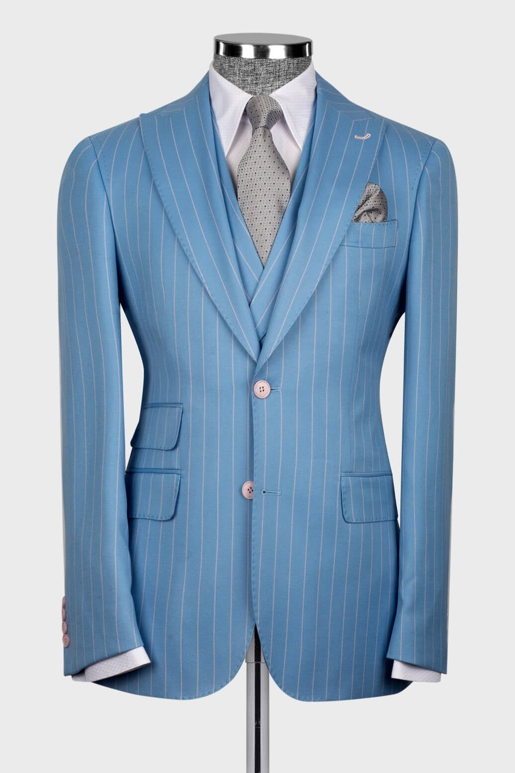 Stylish Sky Blue 3 Pieces Pinstriped Best Fitted Prom Suits