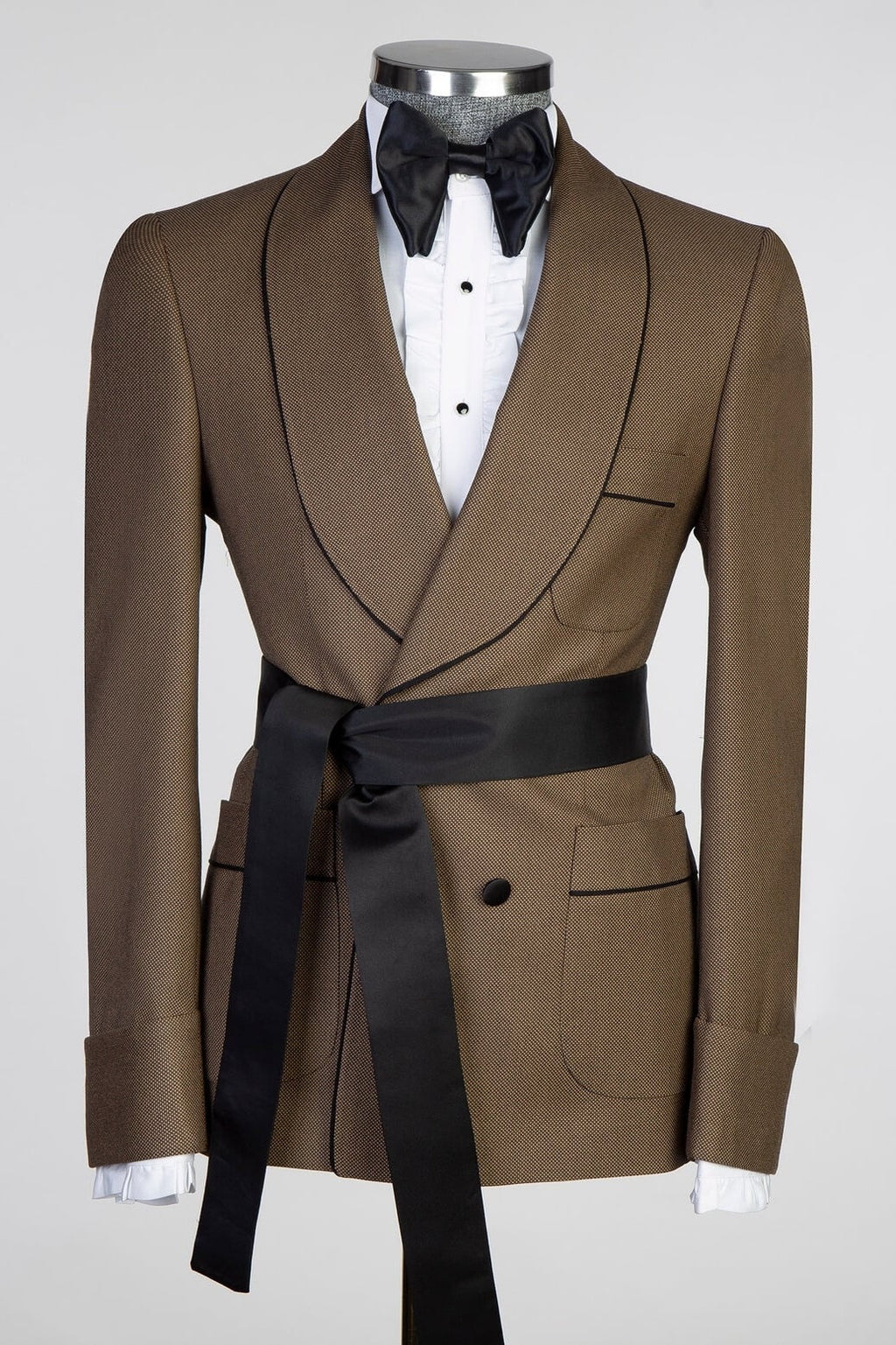 Latest Gold Brown Double Breasted Prom Suits With Black Belt