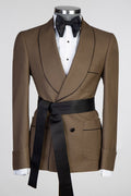 Latest Gold Brown Double Breasted Prom Suits With Black Belt