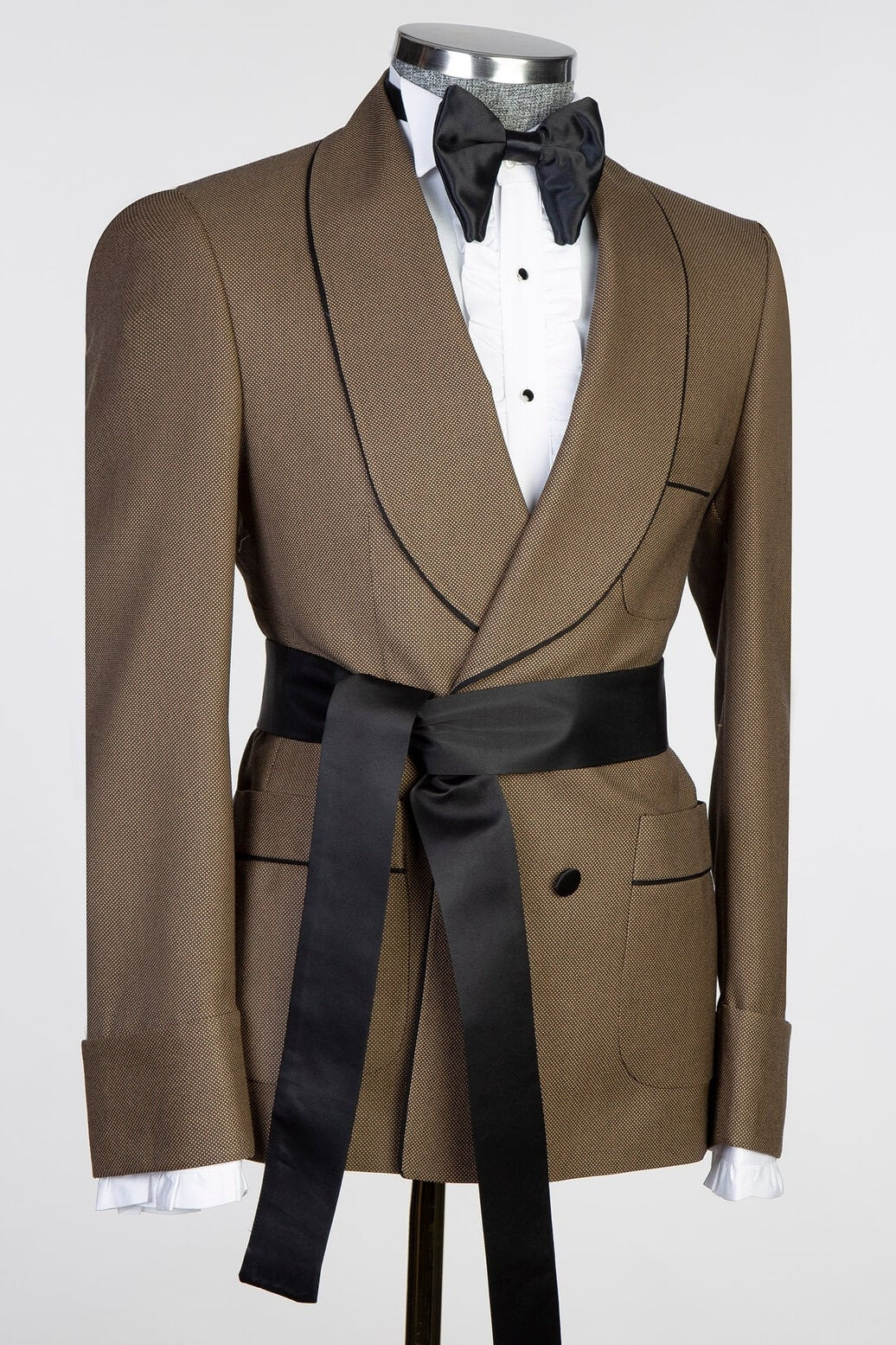 Latest Gold Brown Double Breasted Prom Suits With Black Belt