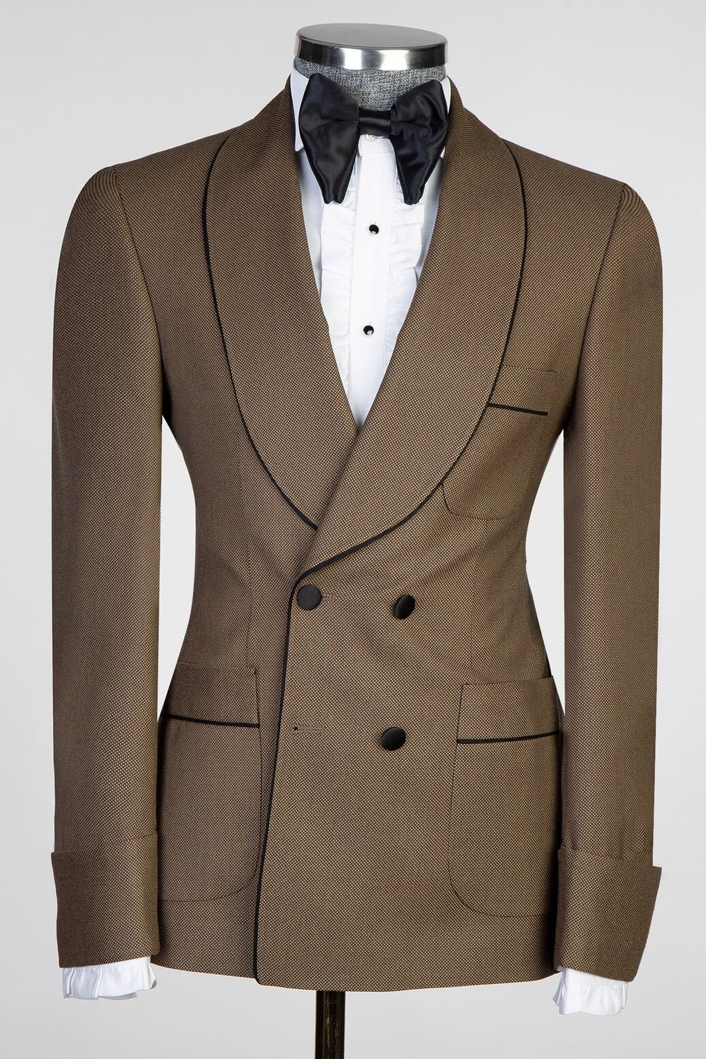 Latest Gold Brown Double Breasted Prom Suits With Black Belt
