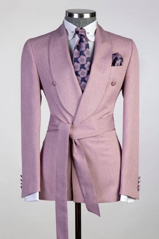 Stylish Shawl Lapel Rose Pink Prom Suits With Belt