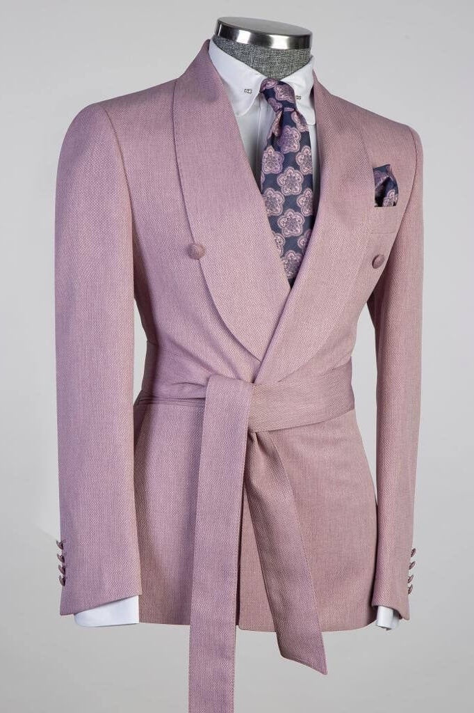 Stylish Shawl Lapel Rose Pink Prom Suits With Belt