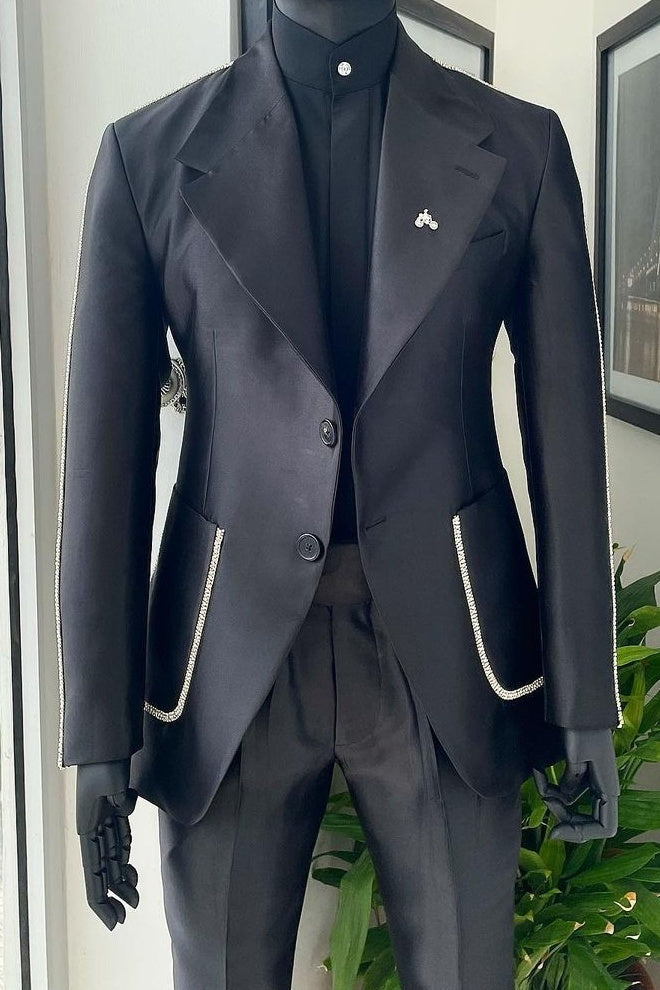 Fashion Black Wide Lapel Patch Pockets Men's Suit with White Seam Edges