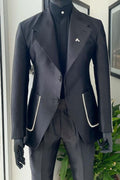 Fashion Black Wide Lapel Patch Pockets Men's Suit with White Seam Edges